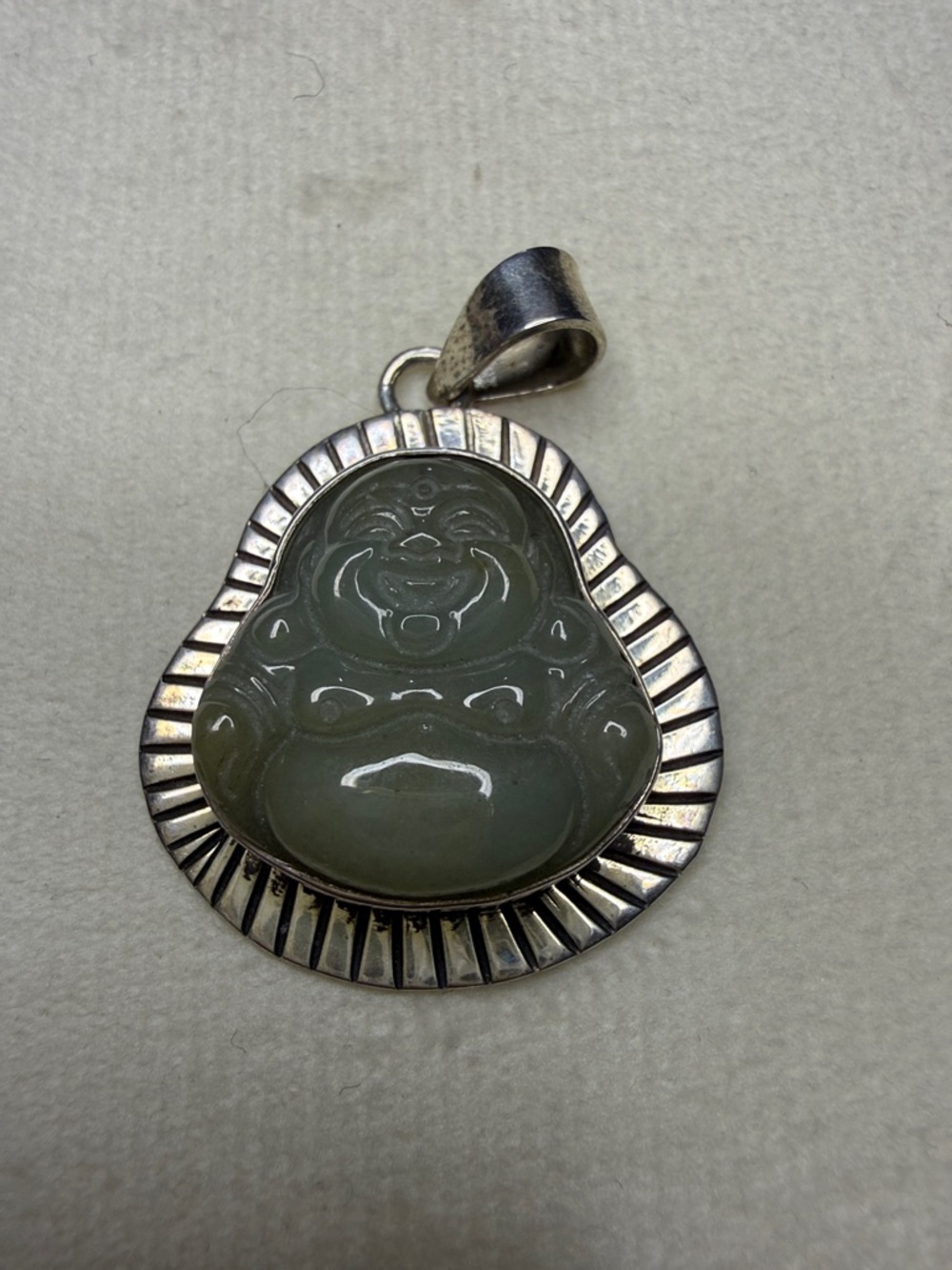 Carved Jade Laughing Buddha Pendant in Steerling Silver Mount